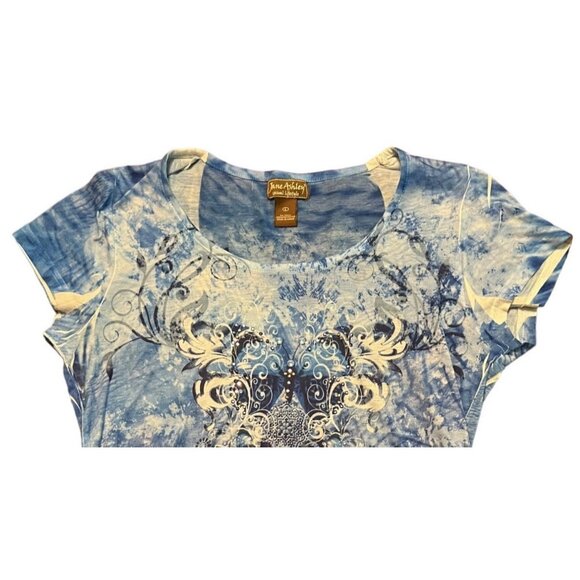 Jane Ashley women's blue patterned cap sleeve top size XL asymmetrical hem - Picture 2 of 8